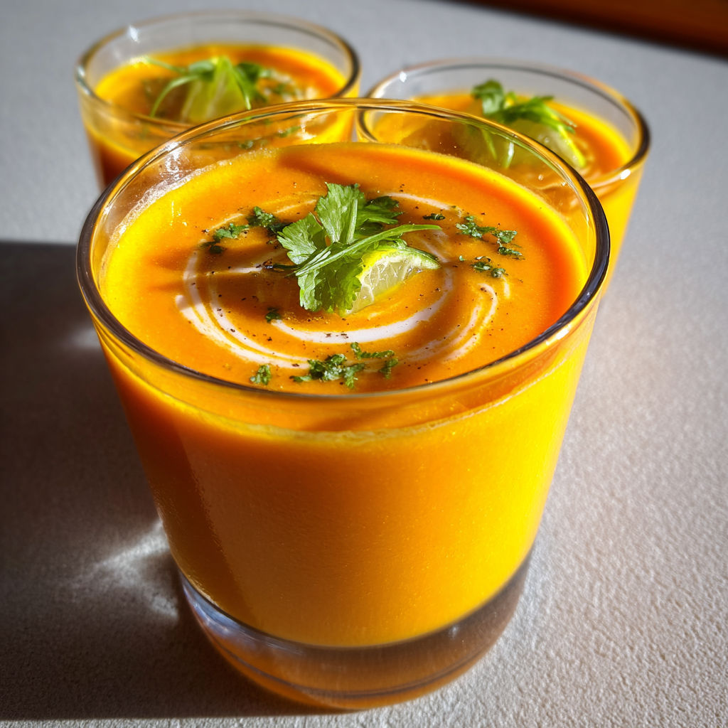 Soupe carotte toute fraîche au lait de coco et citron vert.