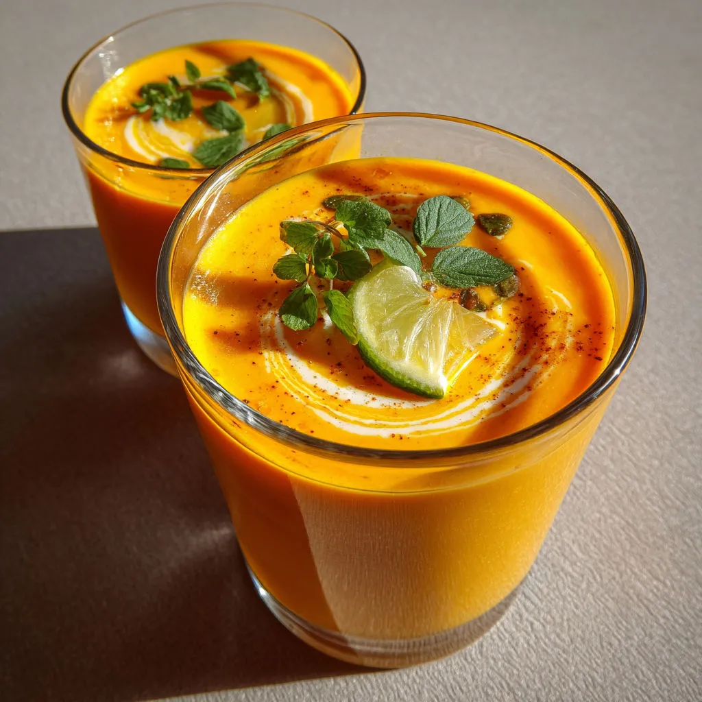 Soupe de carottes glacée avec citron vert et menthe en verre.