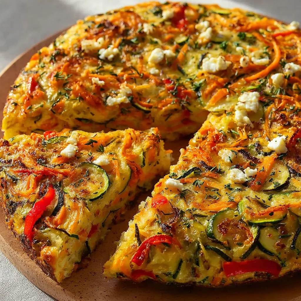 Une version légère et express d’une quiche de légumes d’été avec courgette, servie sur un plateau.