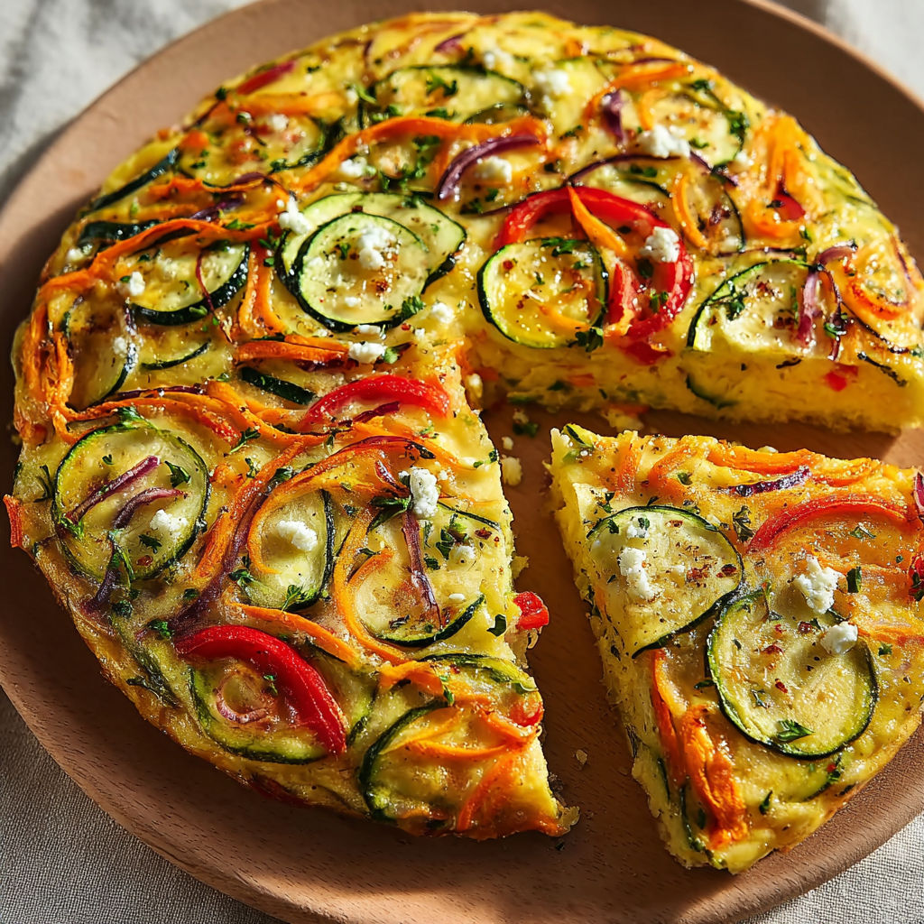 Une quiche rustique aux légumes, fromage, carottes et courgettes, déposée sur un plateau.