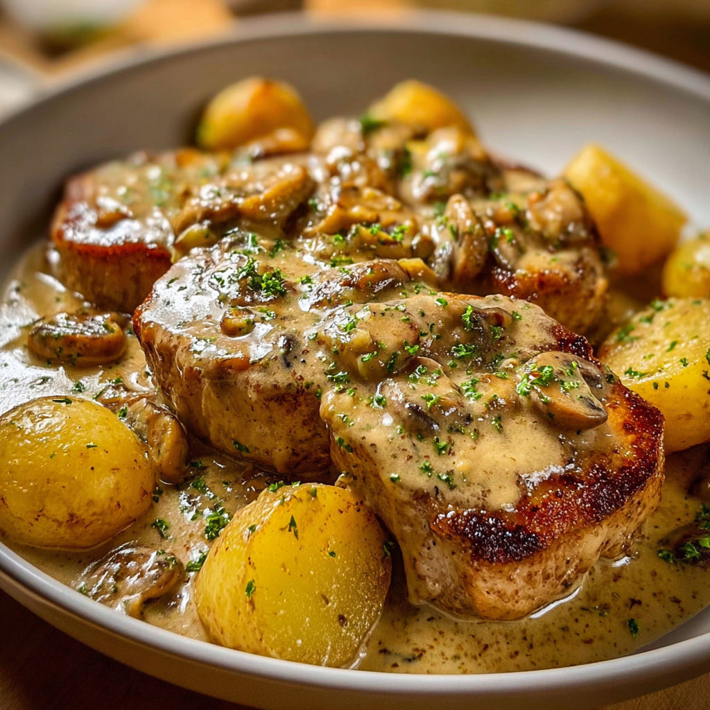Côtelettes de porc recouvertes d'une sauce avec des pommes fondantes en accompagnement.