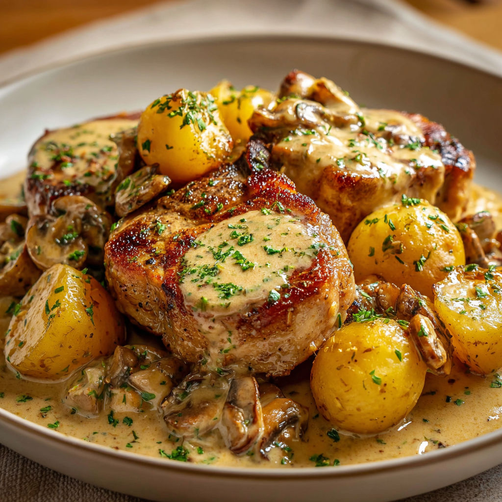 Plat de poulet avec pommes de terre et champignons.