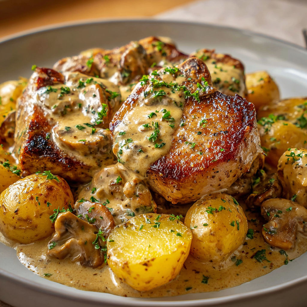 Plat de poulet avec pommes de terre et champignons.
