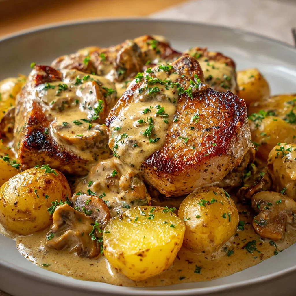 Plat de poulet avec pommes de terre et champignons.