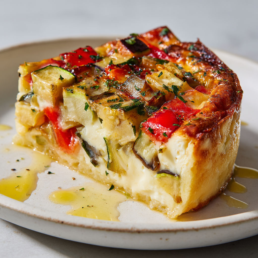 Un flan de légumes fondant avec du fromage servi sur plateau, sauce à l'huile d'olive.