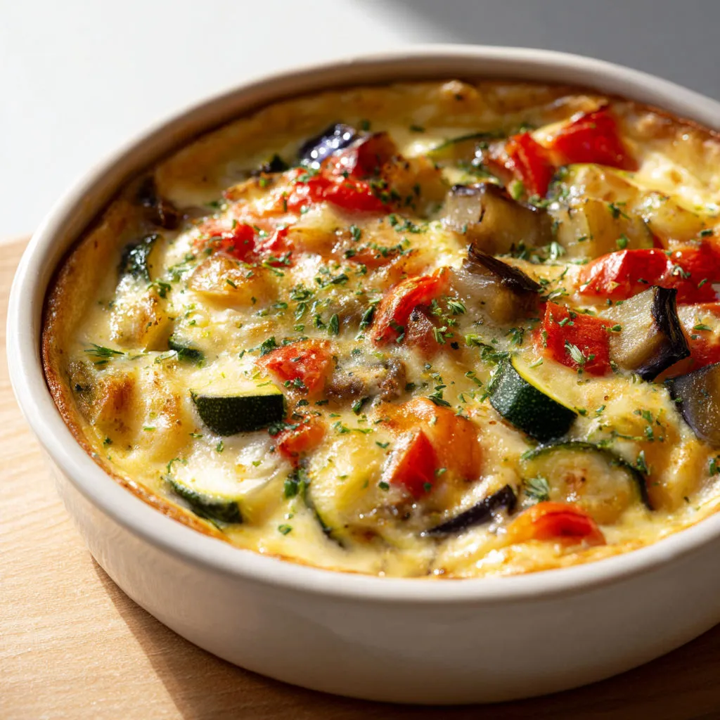 Un flan aux courgettes et légumes colorés, nappé d’une sauce fromagère onctueuse.