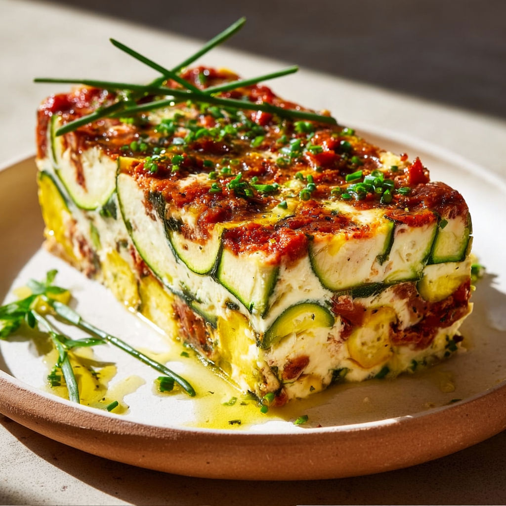 Un plat appétissant de terrine courgettes chorizo prêt à déguster.