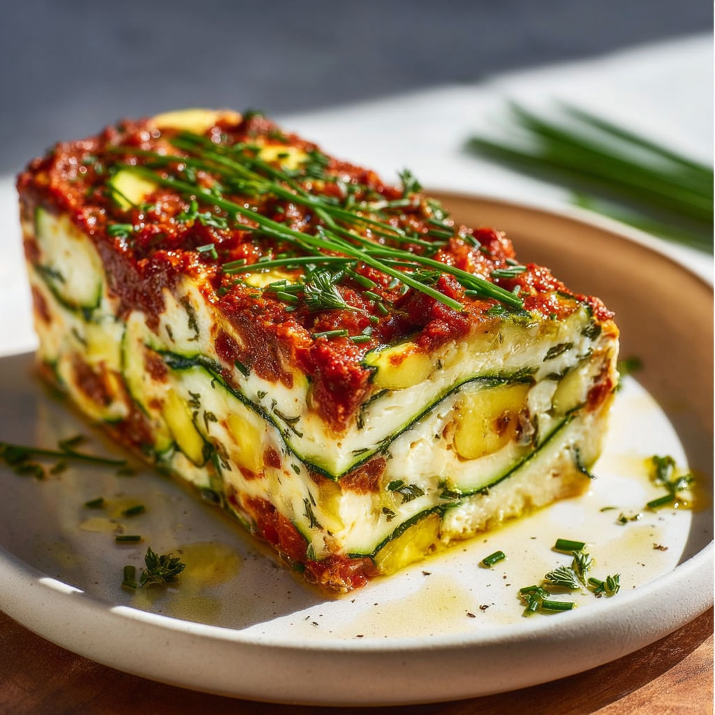 Une terrine bien fraîche avec des courgettes et du chorizo au parmesan sur une assiette.