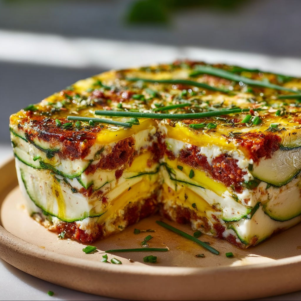 Un joli flan de courgette, chorizo et ciboulette présenté sur une assiette.