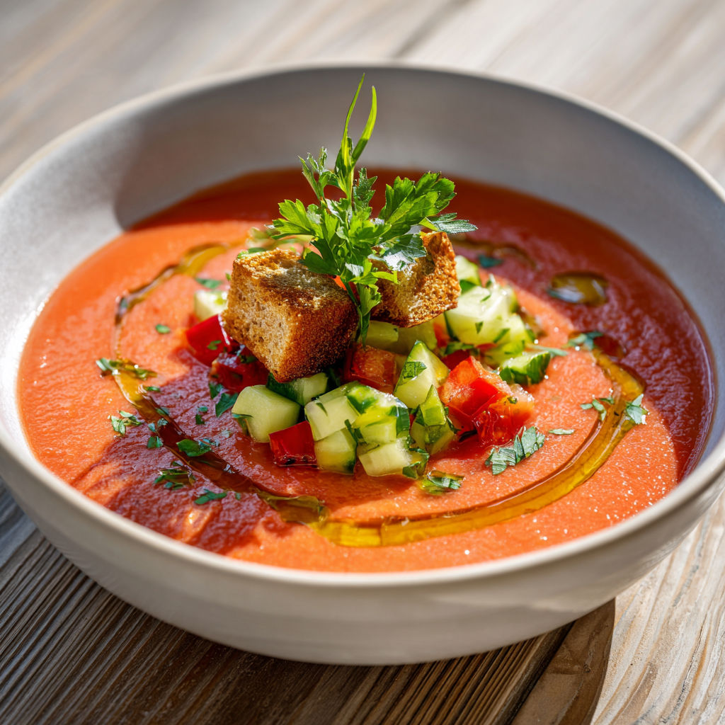 Un bol de soupe froide avec légumes frais et pain grillé.
