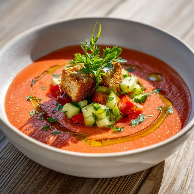 Un bol de soupe froide avec légumes frais et pain grillé.