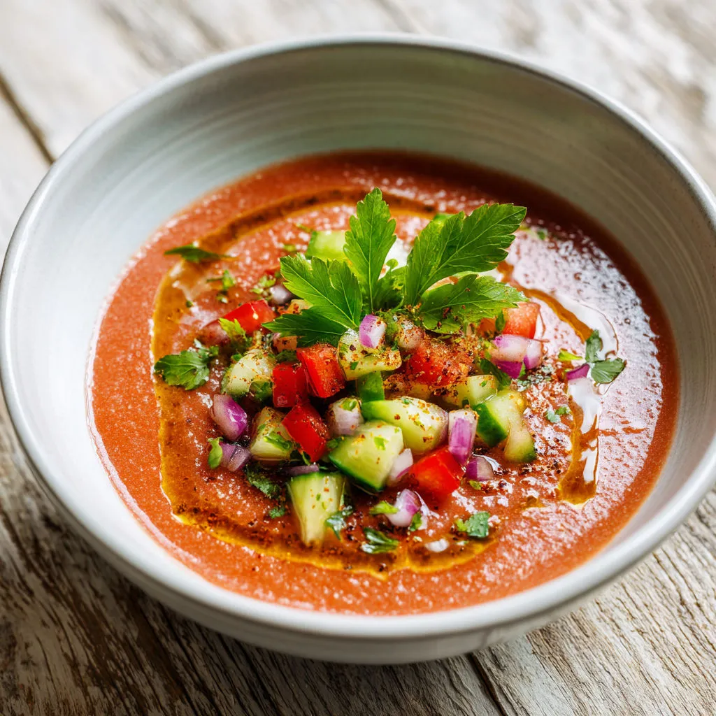 Soupe chaude pleine de légumes et d’épices, servie dans un bol en céramique.
