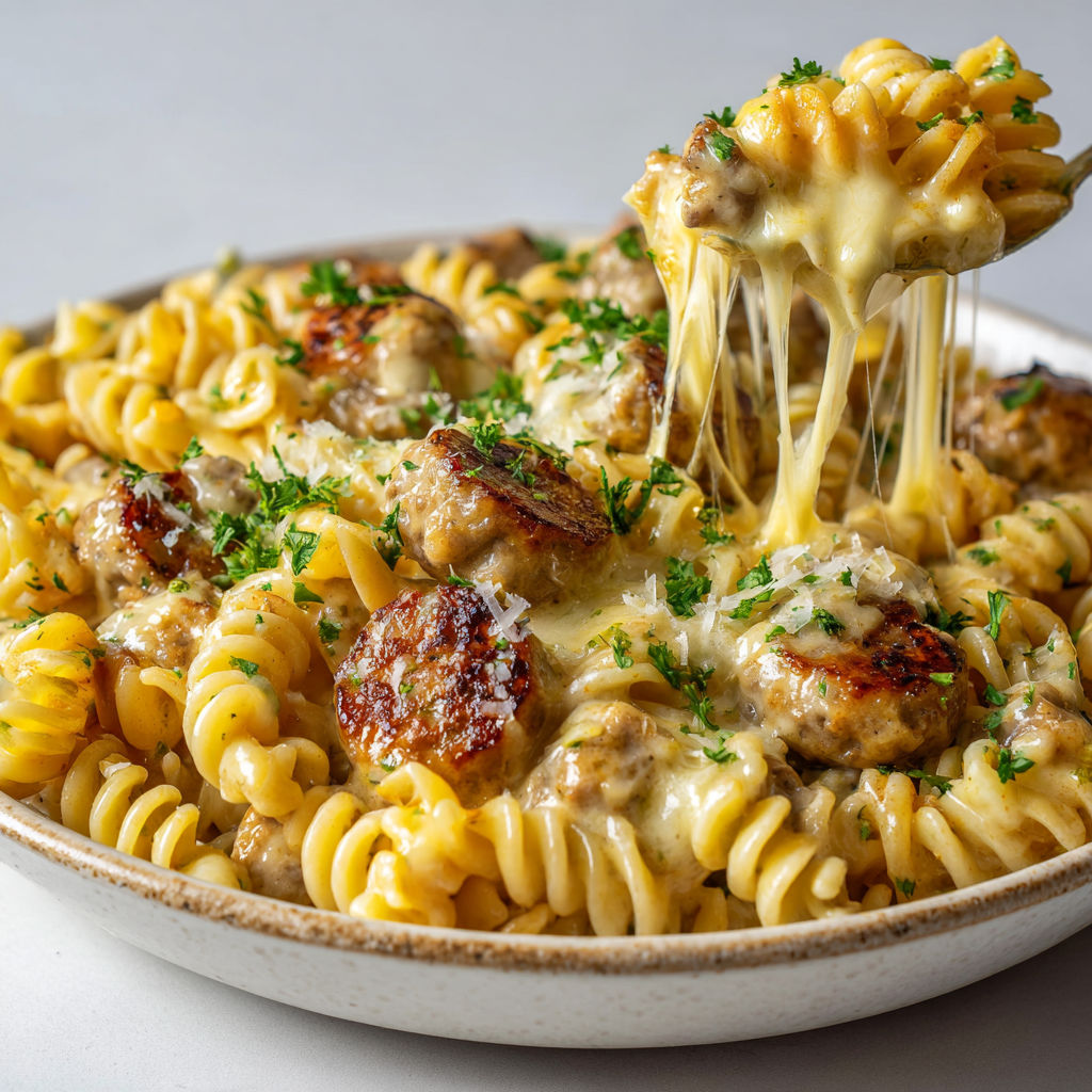 Des rotini crémeux au poulet, saucisse et cheddar avec herbes fraîches.