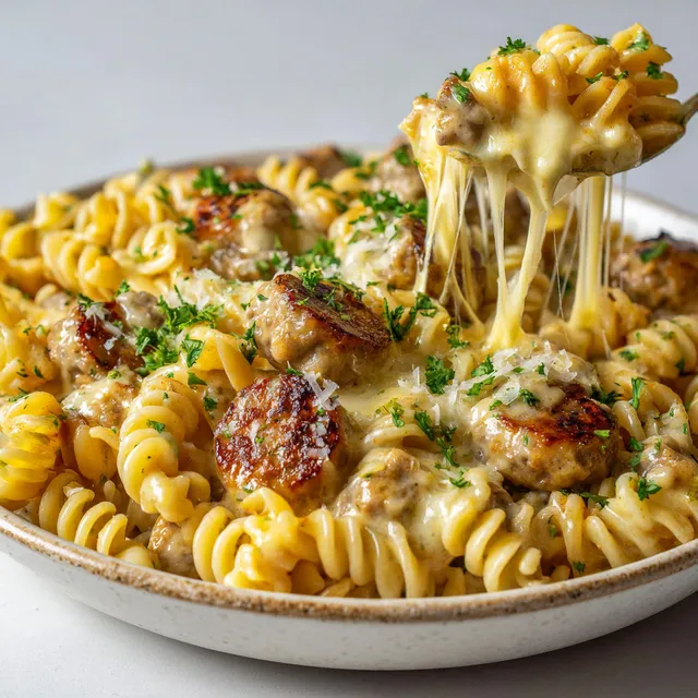 Des rotini crémeux au poulet, saucisse et cheddar avec herbes fraîches.
