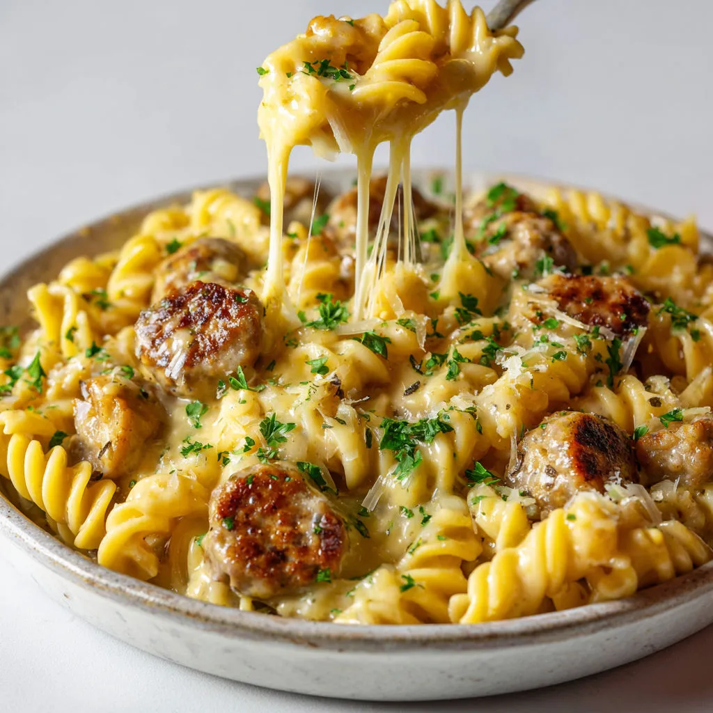 Gratin fondant de rotini avec poulet, saucisse et cheddar, présenté dans un bol gris.