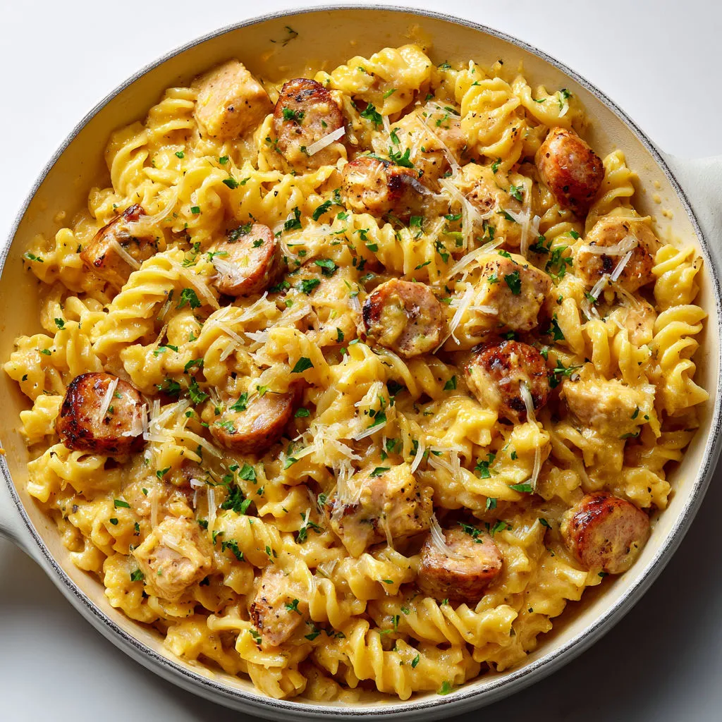 Plat de pâtes bien crémeuses au cheddar, saucisse dorée et poulet tendre.