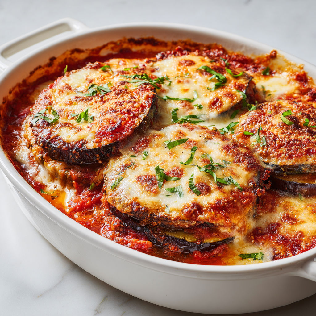 Un bol en porcelaine rempli de gratin d’aubergines à l’italienne.