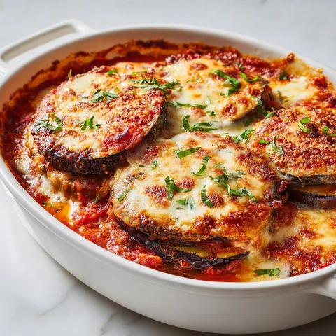 Un bol en porcelaine rempli de gratin d’aubergines à l’italienne.