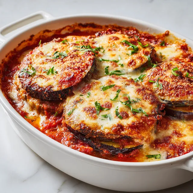 Un bol en porcelaine rempli de gratin d’aubergines à l’italienne.