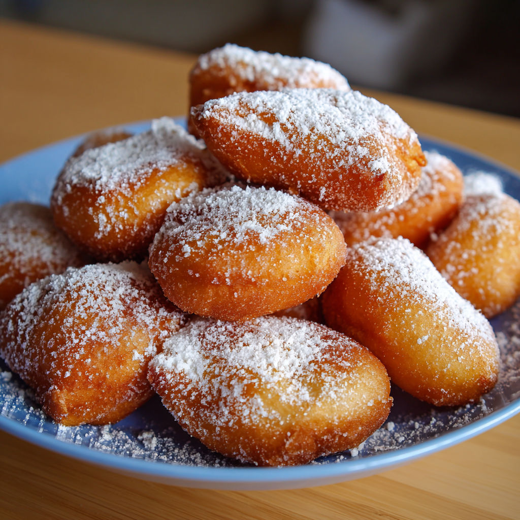 Une assiette de délicieux Késala beignets alsaciens avec des grains de sucre par-dessus.