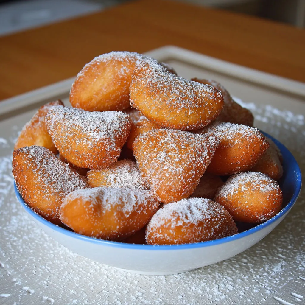 Plat garni de beignets alsaciens tout dorés au sucre, souvenir d'enfance gourmand.