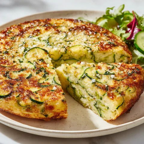 Tranches découpées d'un moelleux de courgettes et parmesan doré, sur un plateau.