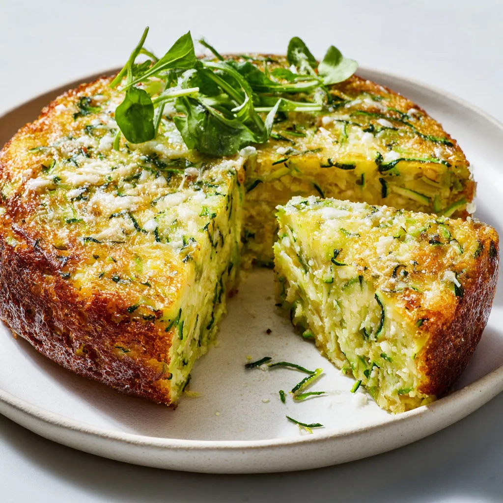 Gâteau invisible courgettes parmesan servi sur un plateau, bien doré et léger.