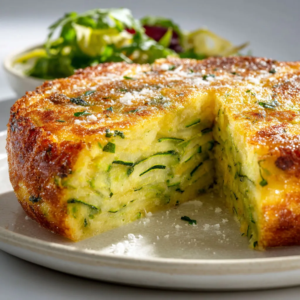Part de gâteau invisible courgette et fromage, servie sur un plateau, bien moelleuse.