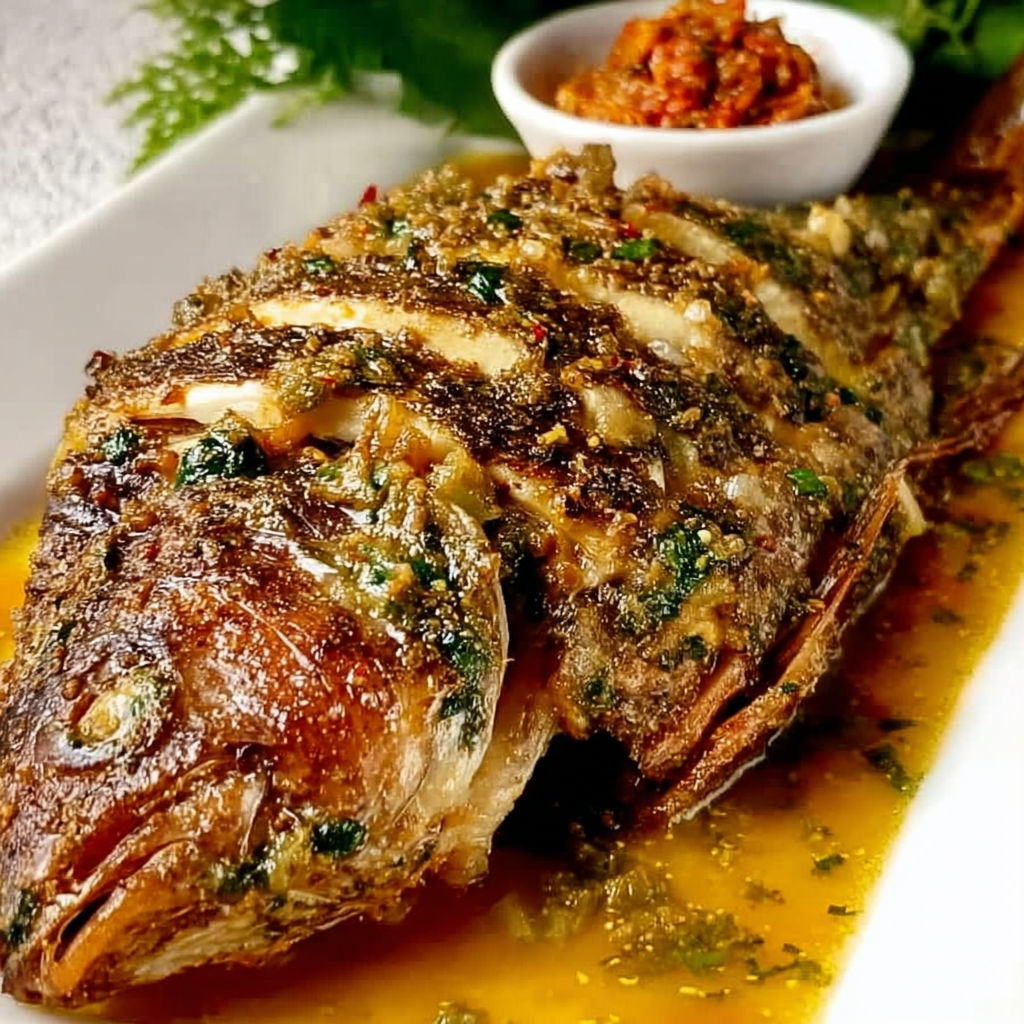 Délicieux poisson grillé façon camerounaise avec épices et herbes fraîches.