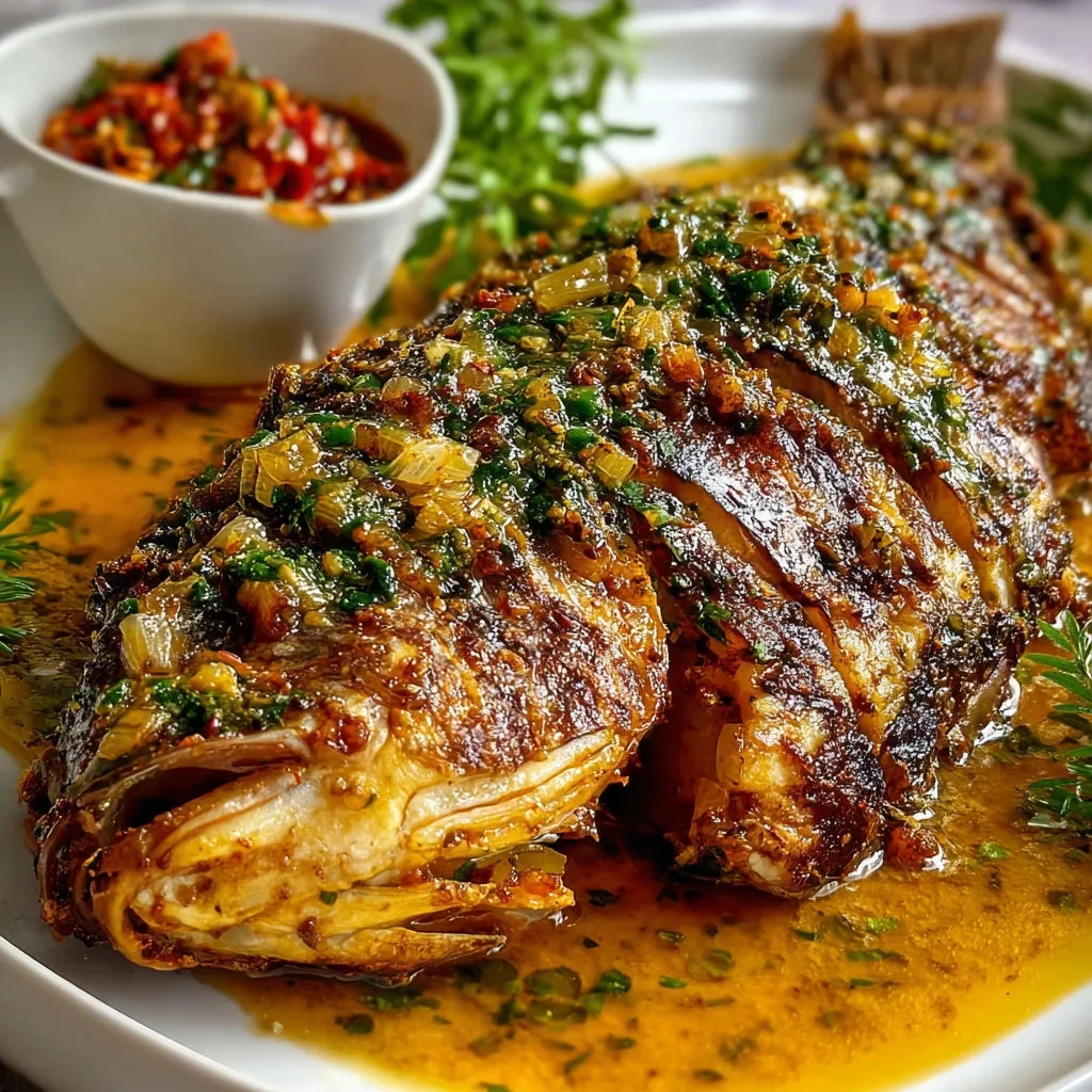 Poisson grillé à la camerounaise, mariné avec des épices africaines, accompagné d’une sauce citronnée aux herbes fraîches.