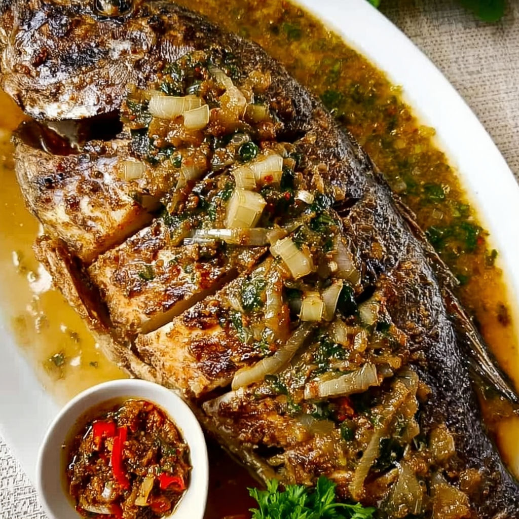 Poisson grillé, parfumé au djansang et pébé, servi avec légumes verts et épices.
