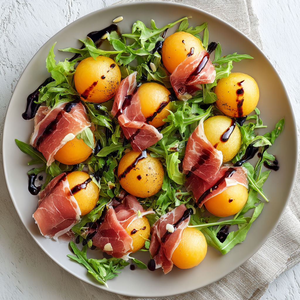 Salade fraîche de melon, jambon cru et roquette, parfaite pour l'été.