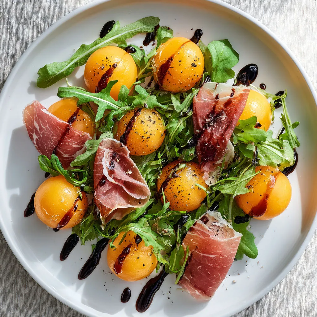 Salade à la tomate, jambon cru et herbes, sauce balsamique dessus.