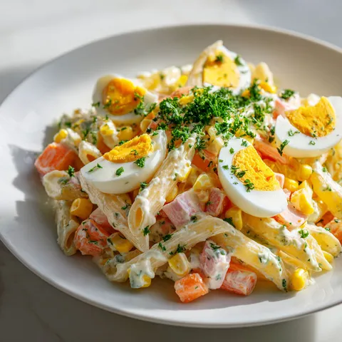 Un plat frais de pâtes avec surimi et œufs est présenté joliment.