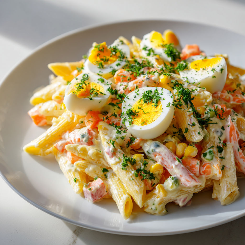 Bol de pâtes gourmand avec surimi, œufs et maïs, prêt à déguster.