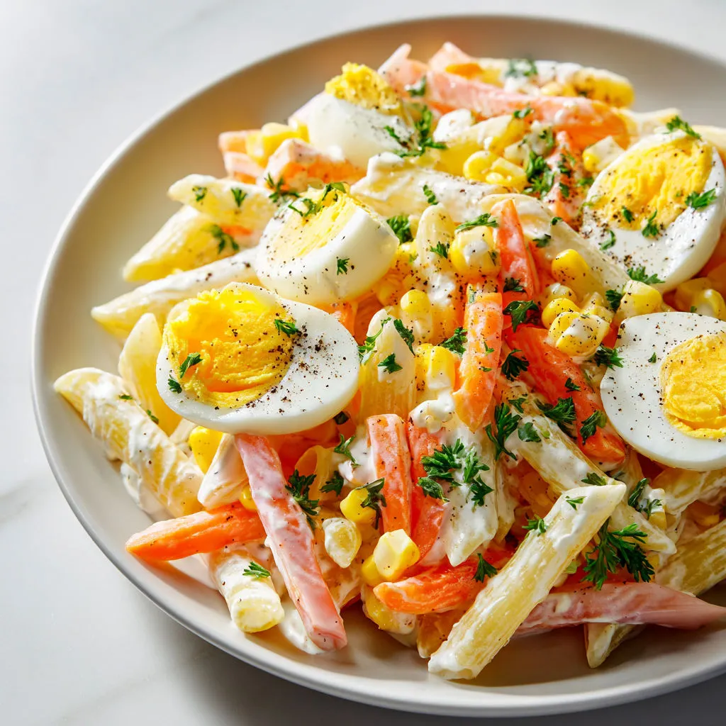 Plat complet vite prêt avec surimi, œufs durs et pâtes en moins de 25 minutes.