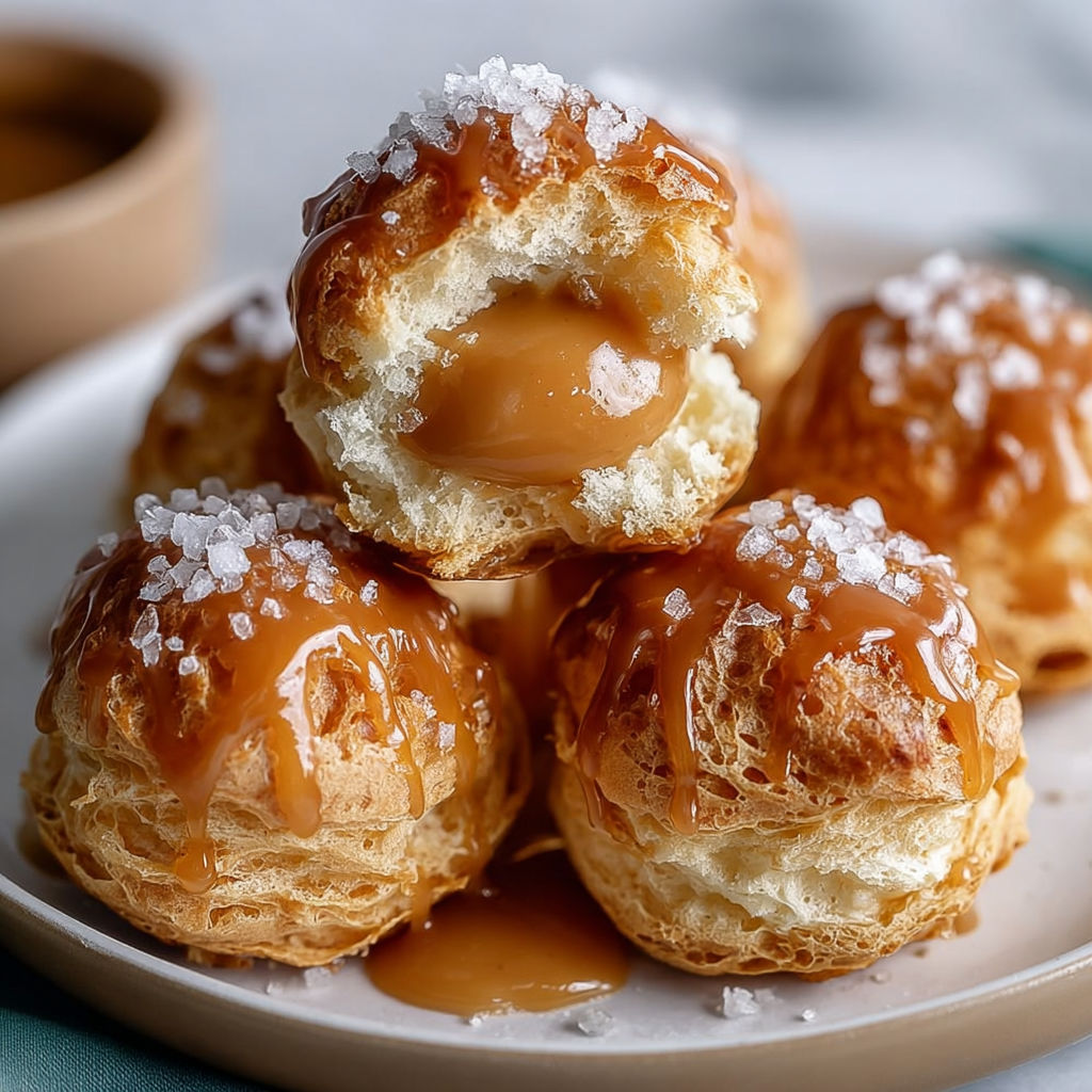 Choux dorés fourrés crème caramel beurre salé, bien croustillants.