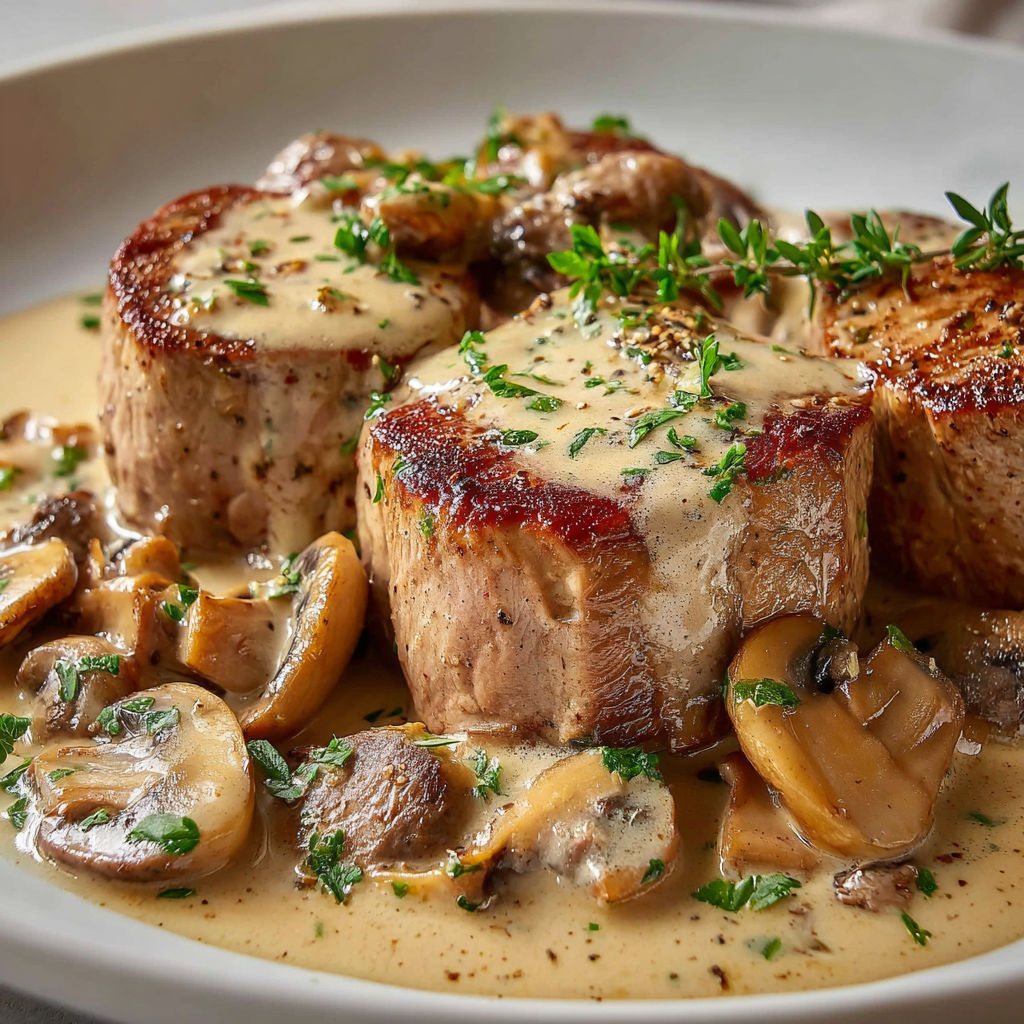 Filet de porc crémeux aux champignons, présenté avec des herbes fraîches.