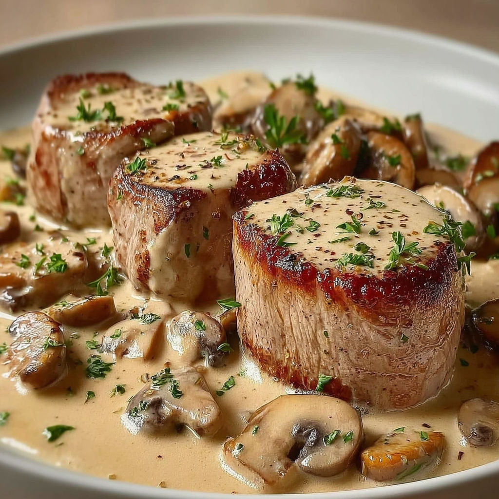 Un plat de porc aux champignons et herbes en sauce crème.