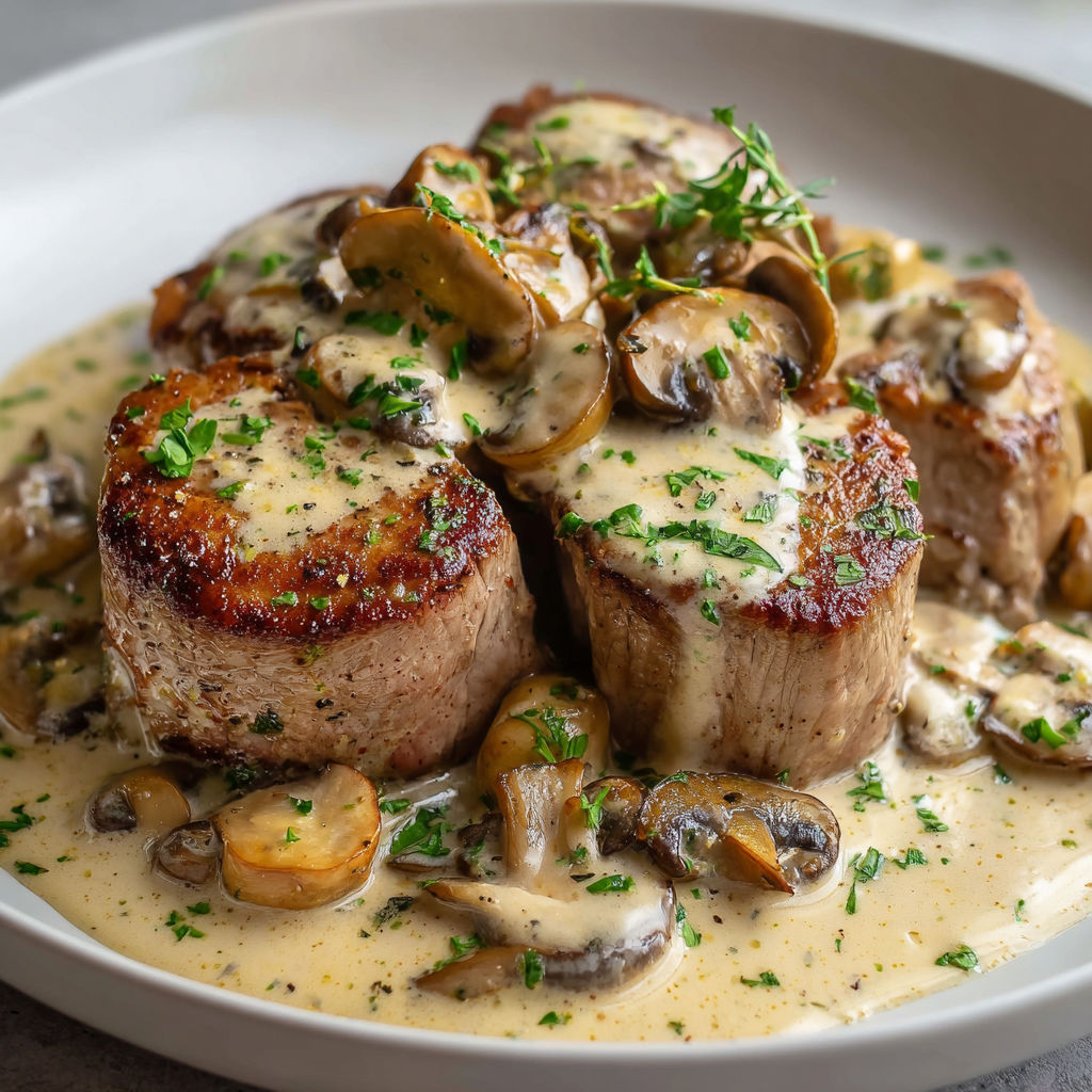 Un filet mignon doré aux champignons et sauce crème.