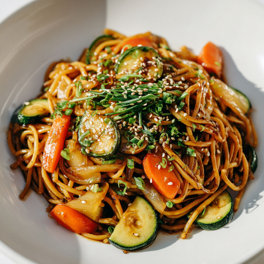 Plat de nouilles dorées accompagnées de légumes frais comme carottes et courgettes.