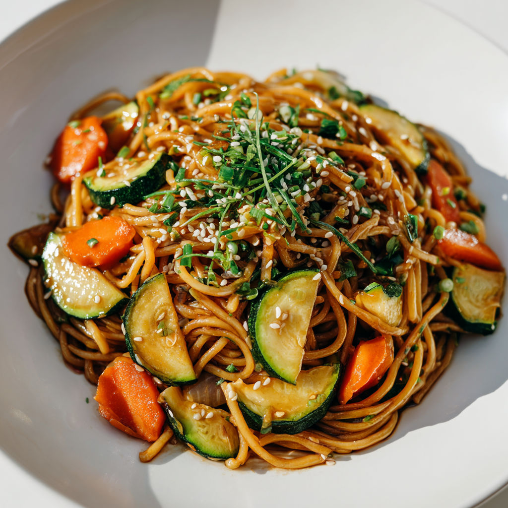 Bol de nouilles sautées avec plein de légumes croquants et une sauce asiatique douce à la sauce soja et hoisin.