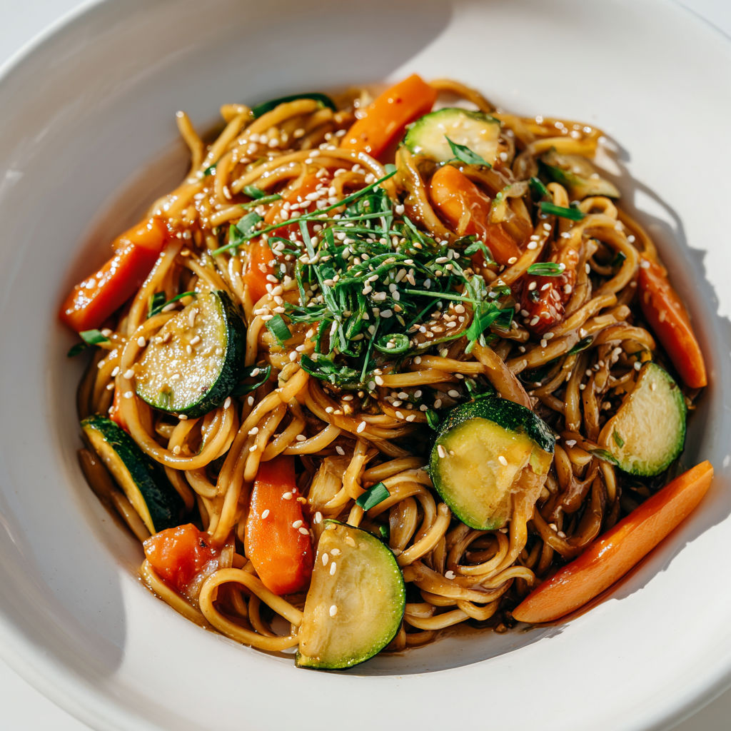 Nouilles chinoises au wok aux légumes, prêtes à manger en 20 minutes.