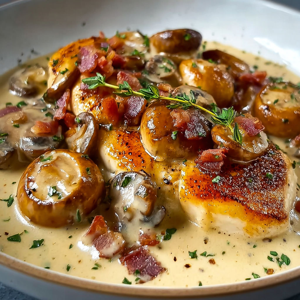 Un bol rempli de poulet tendre associé à une sauce crémeuse au bacon et champignons frais, avec des herbes.