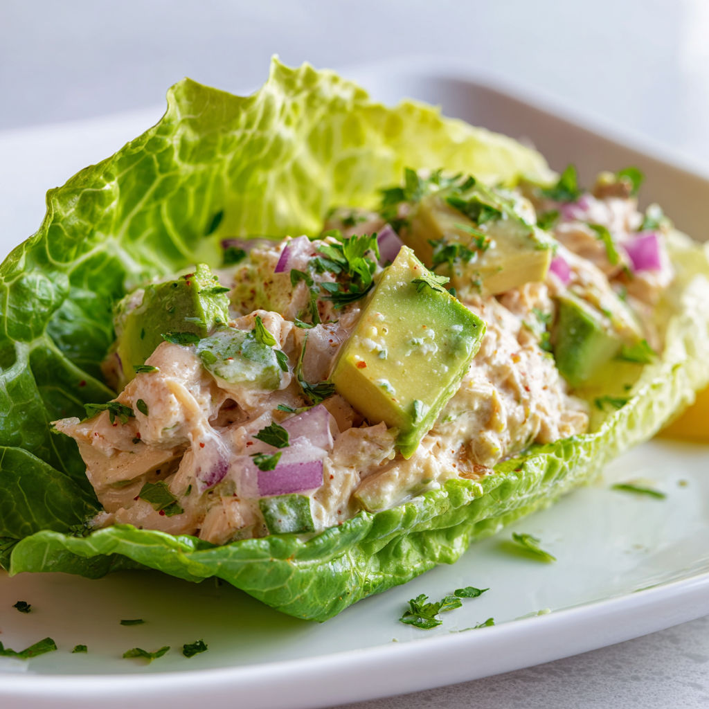 Salade de poulet avec des légumes verts et herbes fraîches.