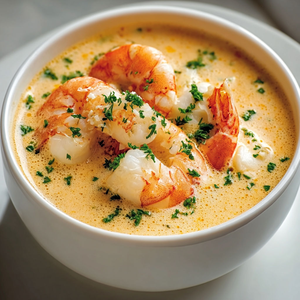 Bol de bisque de langoustine, herbes fraîches sur le dessus.