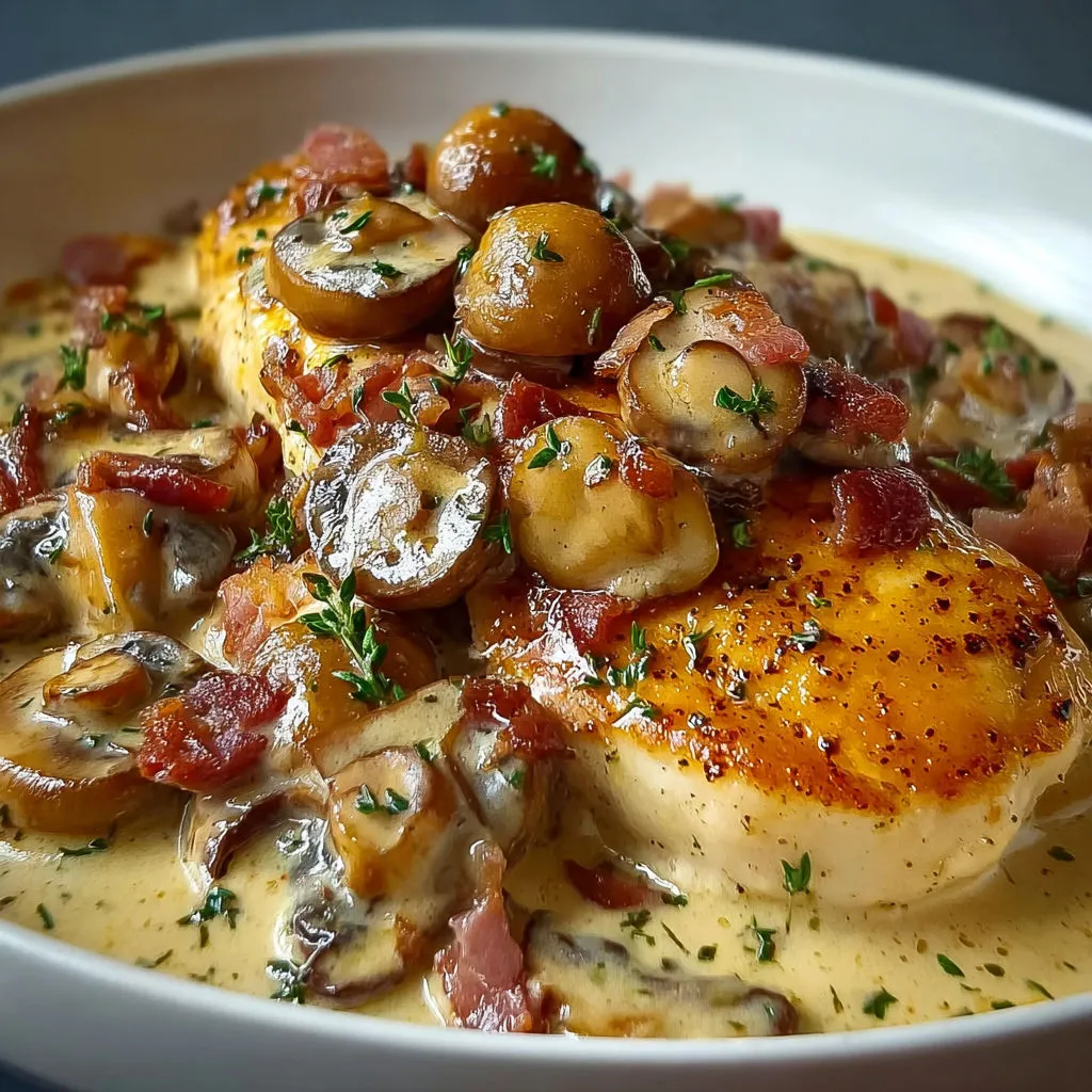 Plat de poulet fondant avec sauce crémeuse, champignons dorés et lardons croustillants.