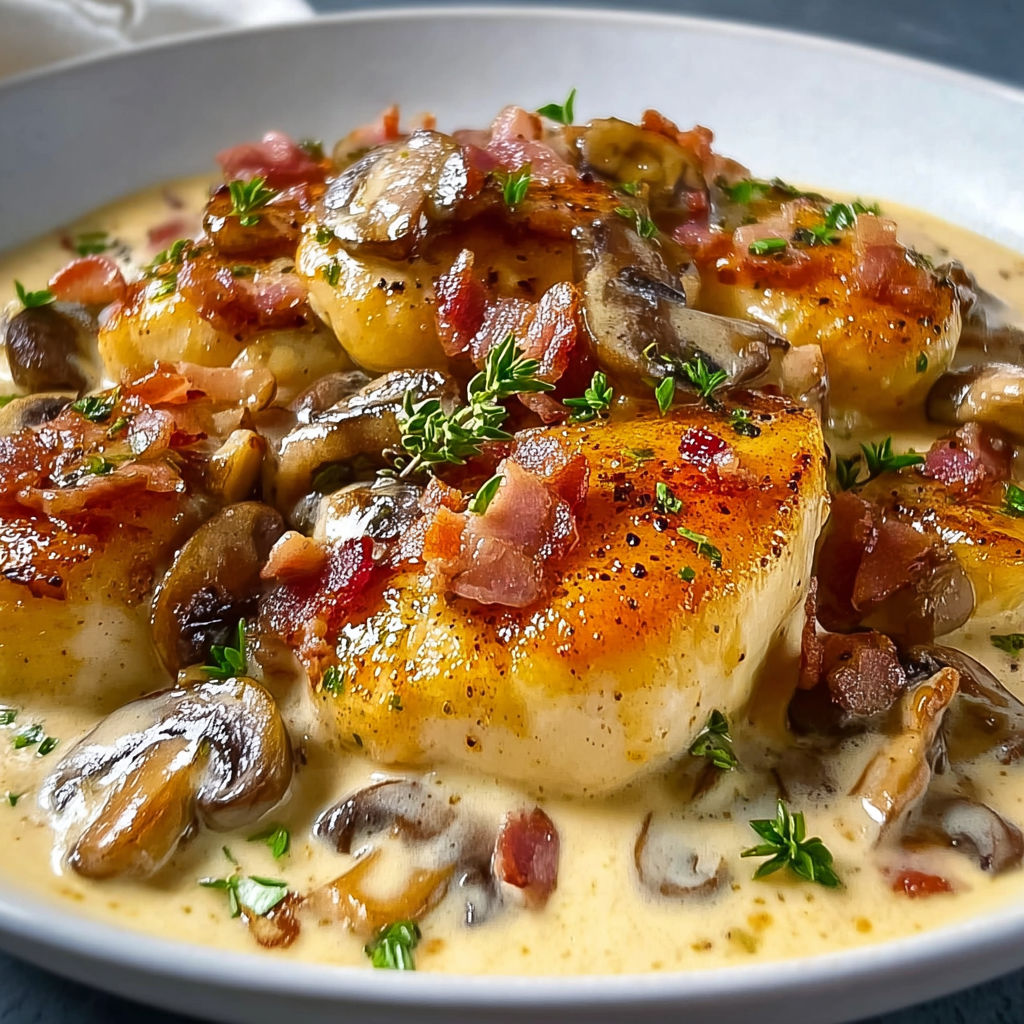 Poulet doré moelleux avec champignons et lardons, nappés d’une crème toute douce.