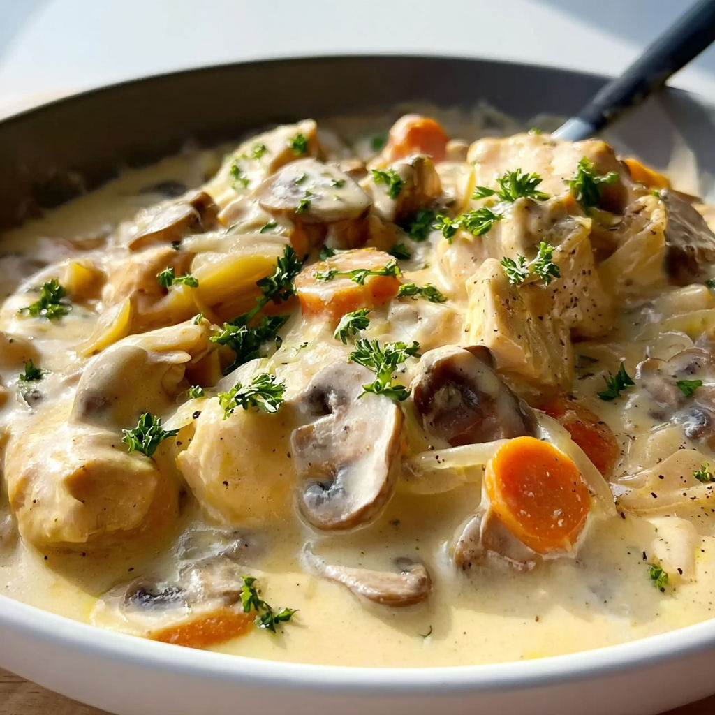Un délicieux plat de Poulet et Champignons avec carottes et herbes, joliment disposé sur une table.