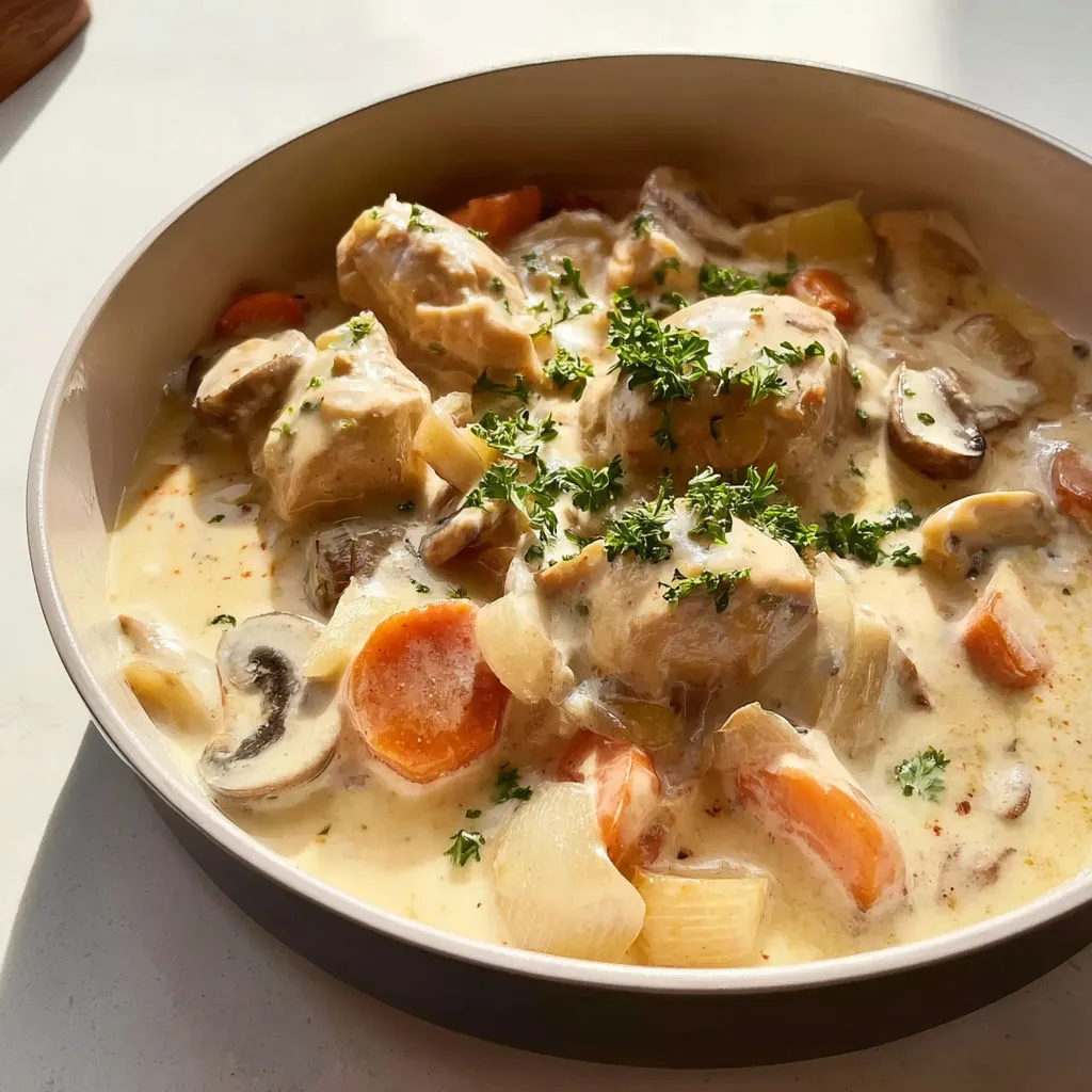 Un plat avec des légumes et du poulet nappé dans une sauce crèmeuse à la moutarde.